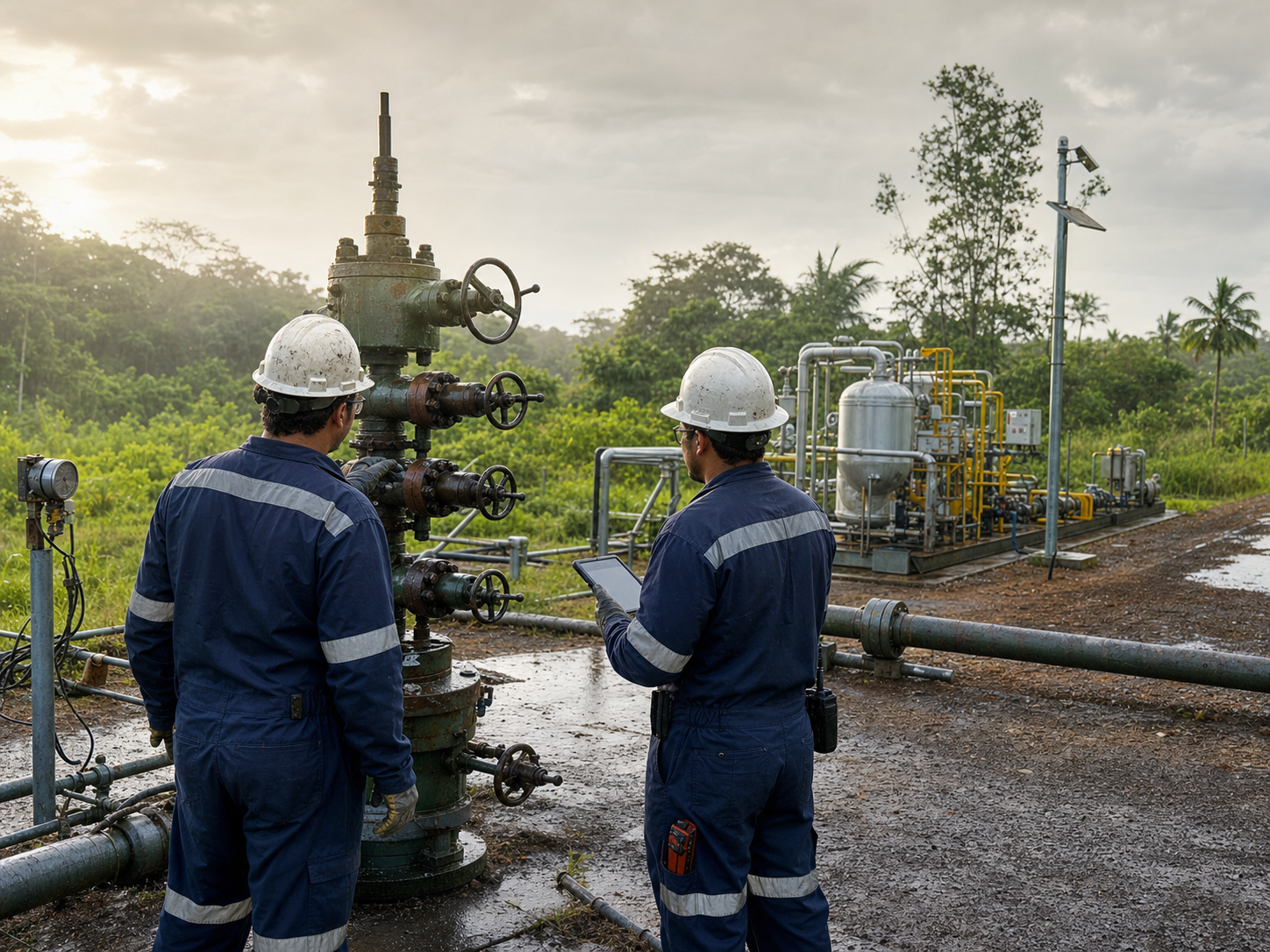 Imagem conceitual de engenheiros acompanhando a operação de um campo de óleo e gás